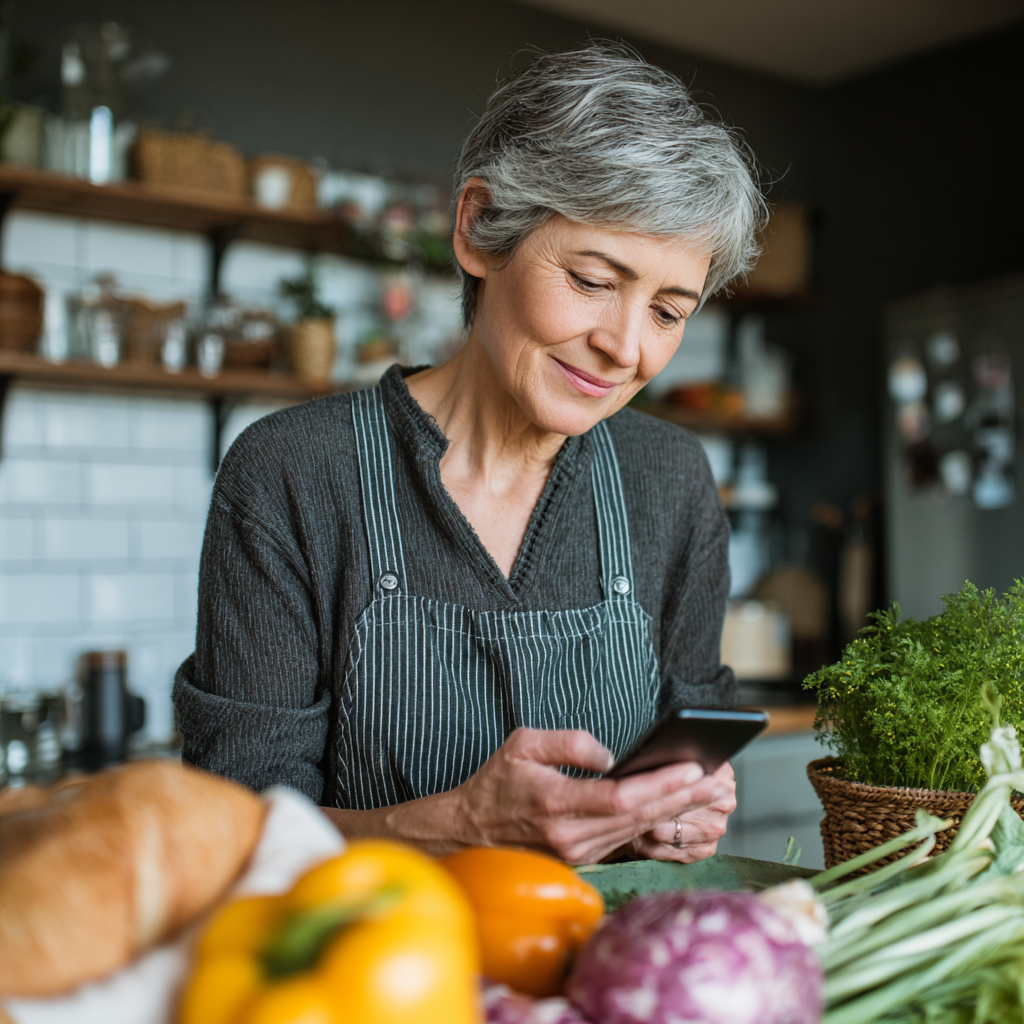 Жінка віком 52 роки організовує продукти за планом zurbalite, дивиться на структурований список покупок на телефоні