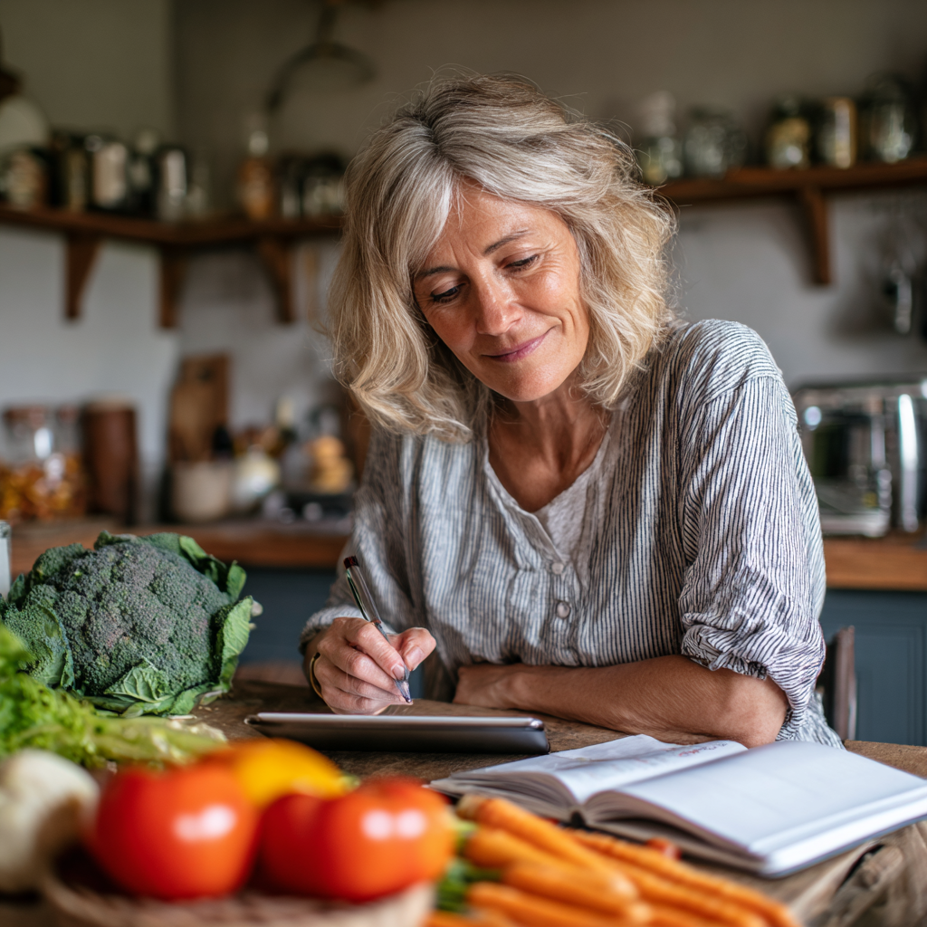 Жінка віком 54 років планує своє харчування за столом, дивиться на планшет з додатком zurbalite, поруч свіжі овочі та блокнот