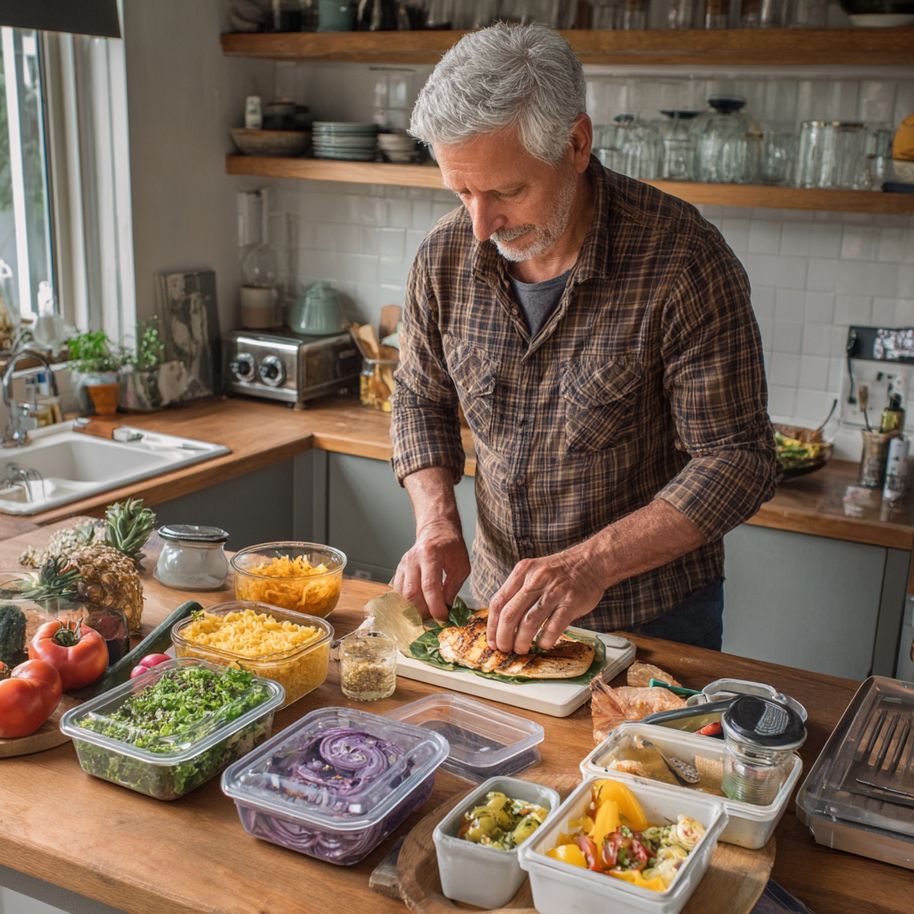 Чоловік віком 57 років готує здорову їжу за рецептом з zurbalite, на кухні організовані продукти та контейнери